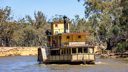 Paddle steamer EmmyLou cruising along the Murray River, painted yellow and brown with red trim, surrounded by trees and sandy riverbanks.
