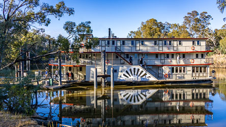 Paddle steamer Australian Star moored at Deep Creek Marina near Moama, reflected in calm water with river gums in morning light.