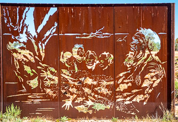 A truly magnificent rust-cut steel negative-space mural in Birdsville, designed by artist and metalworker John Underwood and commissioned by Diamantina Shire Council in collaboration with local Wangkangurru/Yarluyandi Traditional Owners. [1067]
