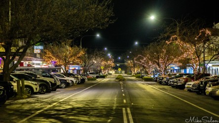 Night-time deserted town street, with many parked cars and fairy lights in the trees. [5108]