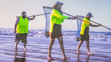 Segment af uncredited artwork at Goolwa Beach demonstrating the skill of beach pipi-hunting. [2020]