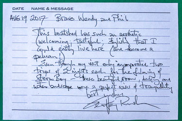 A priceless review of the Boathouse left by Geoffrey Rush. He stayed here during the filming of "Storm Boy" in 2017. [2169]