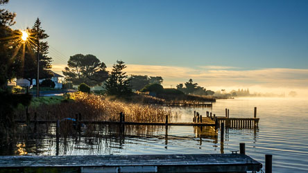 Much the same view, a sparking sunrise from the Boatshed's deck. Mid-winter, so this deck doesn't see much sun all day. [1477]