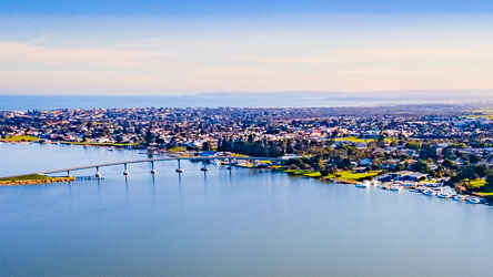 Aerial shot showing just how bug the town of Goolwa is, with the bridge to Hindmarsh Island. [0173]