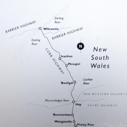 Roadside plaque mapping 400km of the Cobb Highway, the Long Paddock, between Hay and Wilcannia. [2024]