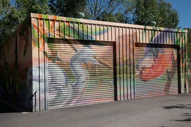 Unannounced shed at Chinaman's Creek Lake shows a pretty mural. Strangely, this rest area had a closed children's playground and no tables and chairs. No way to encourage visitors! [0944]
