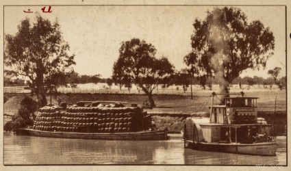 Vintage photo showing paddle‑steamer and trees along riverbank.