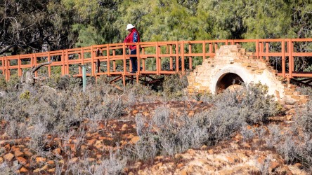 Arched brick chimney remains with wooden walkway and surrounding shrubs.