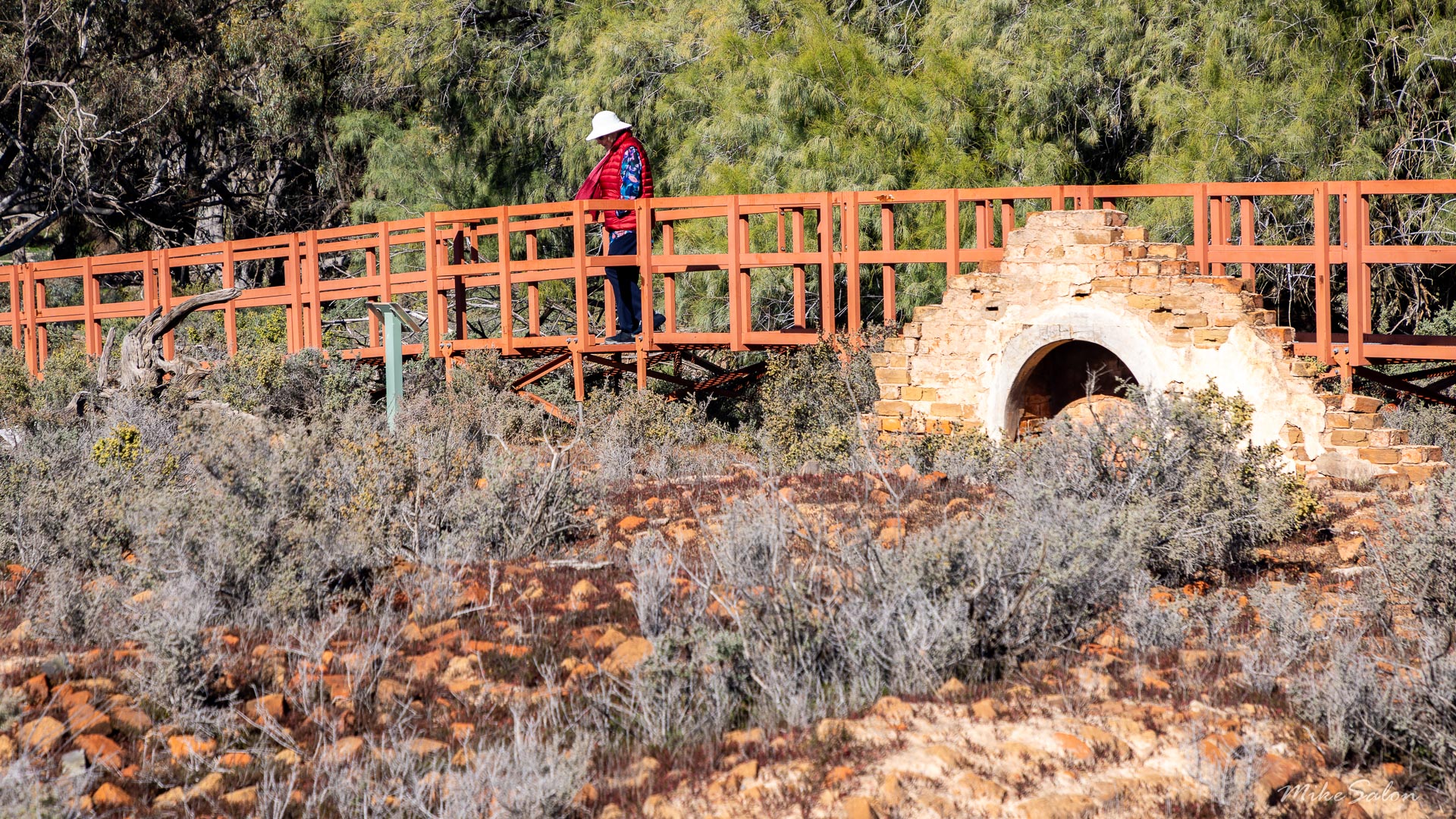All that remains of the 1850`s Kinchega sheep-station homestead, bricks scattered everywhere and the base of a chimney.  The house was abandoned in 1956 after a flood. [2382]