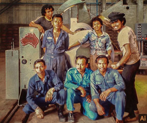 Seven Indonesian Crew Members in front of heavy industrial equipment.