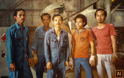 Five Indonesian Crew Members in front of heavy industrial equipment.