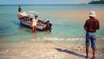 Three men with a small wooden boat at the edge of clear turquoise water, preparing to dock on a sandy beach under bright sunlight.