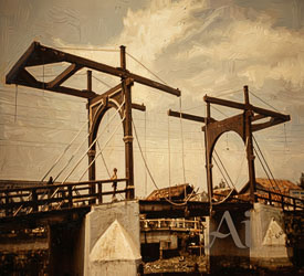 Historic Dutch drawbridge with timber frames and cables spanning a canal in Old Town Jakarta.