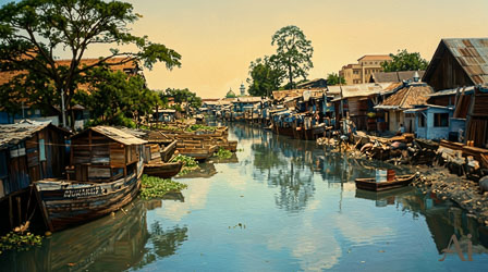Riverside canal with wooden houses and boats reflecting in calm water, early‑morning light in North Jakarta.