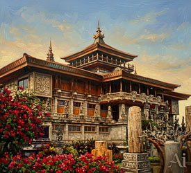 Ornate temple with tiered roofs, carved stone figures, and red flowering gardens under a soft morning sky in Jakarta.
