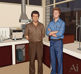 Cartoon style transformation of an image of a chemical laboratory, with two work-clothed technicians.