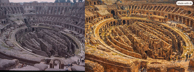 Double montage: a 50 year old 35mm slide of the Colosseum, and how Artificial Intelligence restored it.