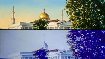 Montage: bottom half, the roof of a mosque as I photographed it in 1980. Top half, AI created dome and minarets.